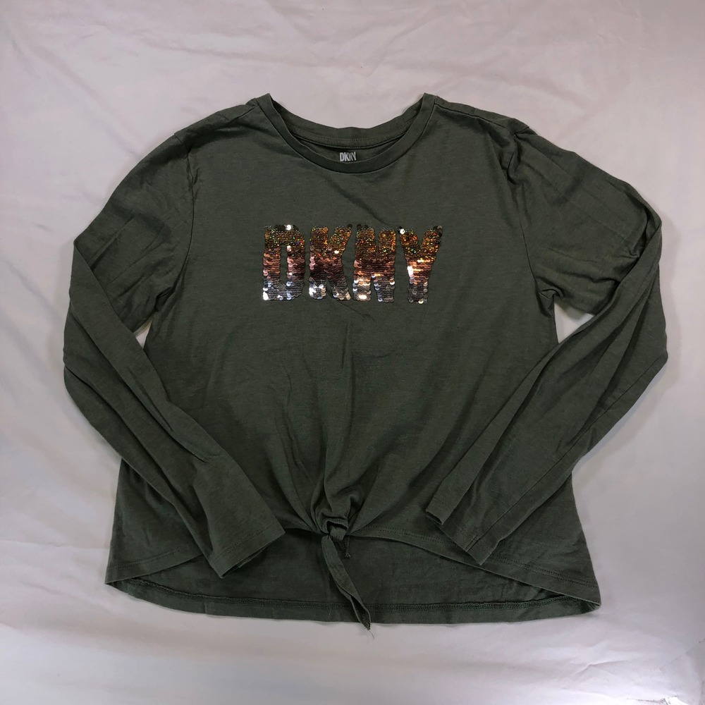 DKNY Girls Olive Green Sequin Logo Long Sleeve Tie Front Top XL 14/16
